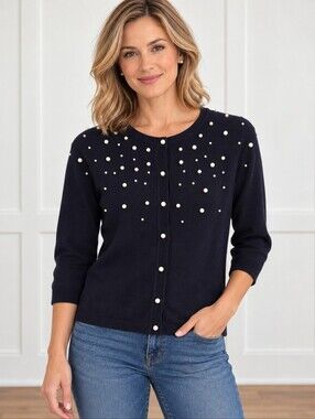Premise Studio Petite Navy Blue Button-up Pearl Embellished Cardigan Size PS
